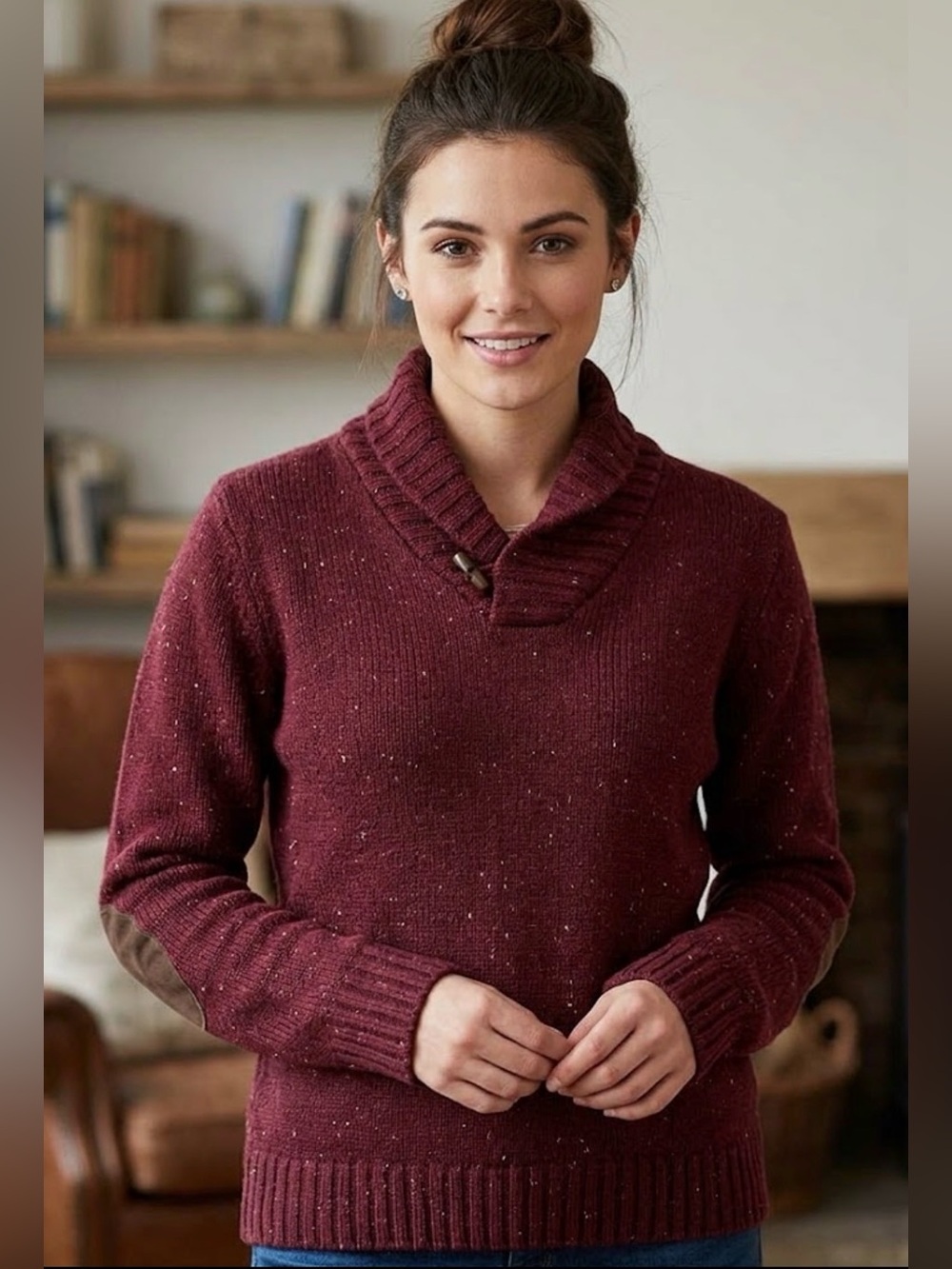 Women's Maroon Shawl-Collar Turtleneck Sweater with Toggle Wool blend